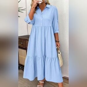Elegant Blue Button-Up Midi Dress